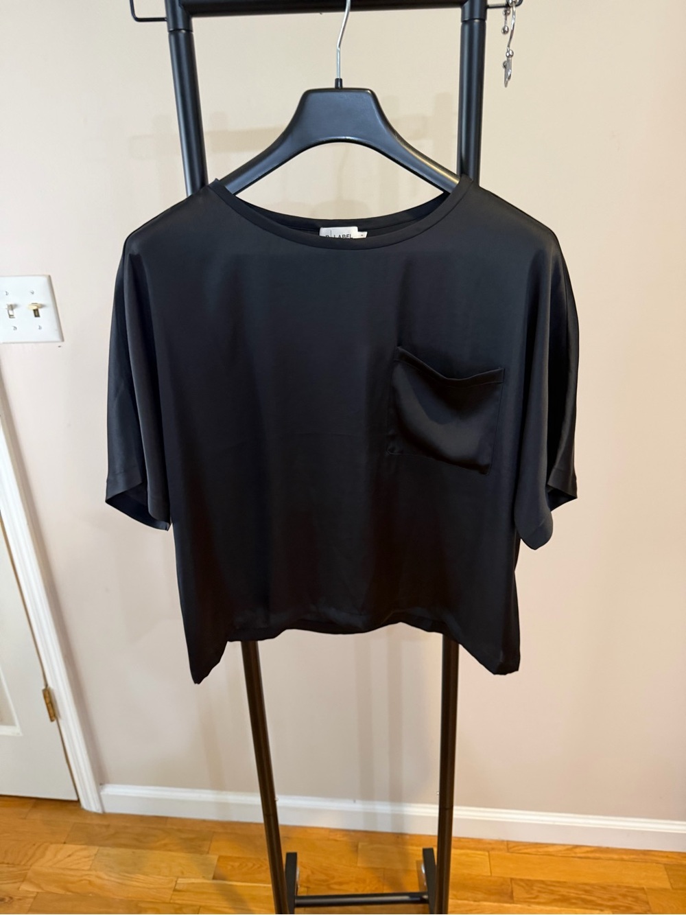R-Label Black Lux Silk Short-Sleeve Pocket Top